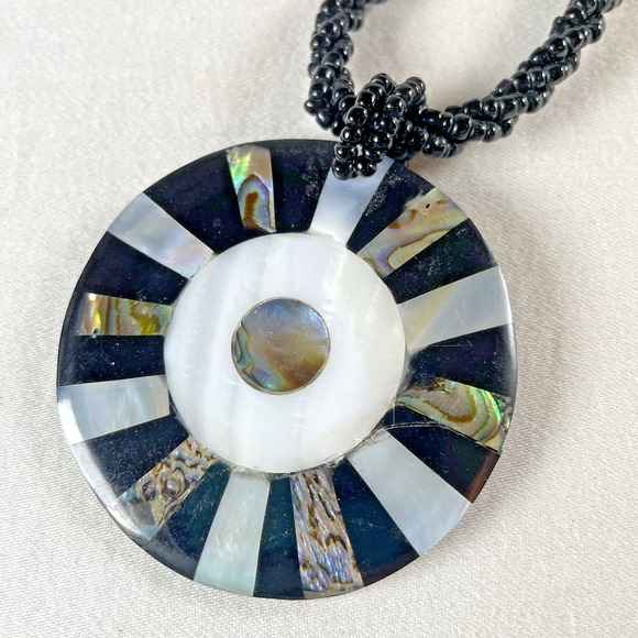 Artisan Handmade Beaded Medallion Pendant Rope Necklace x2 Black Turquoise Blue - Picture 4 of 8